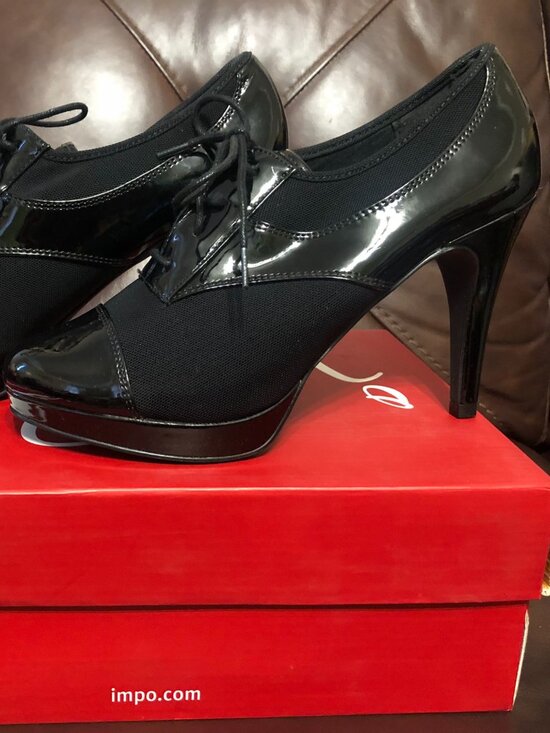 Impo Shoes - Impo Ozar Black Patent & Woven Stretch Oxford Platform High Heels 7.5 M